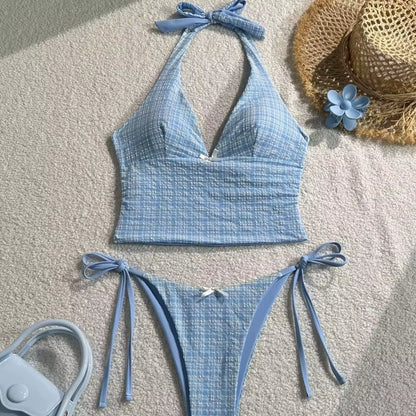 2025 Summer Floral Halter Bikini Women'S Sexy Backless Swimwear with Tie Detail Summer Strappy Two Piece Bathing Suit Holiday