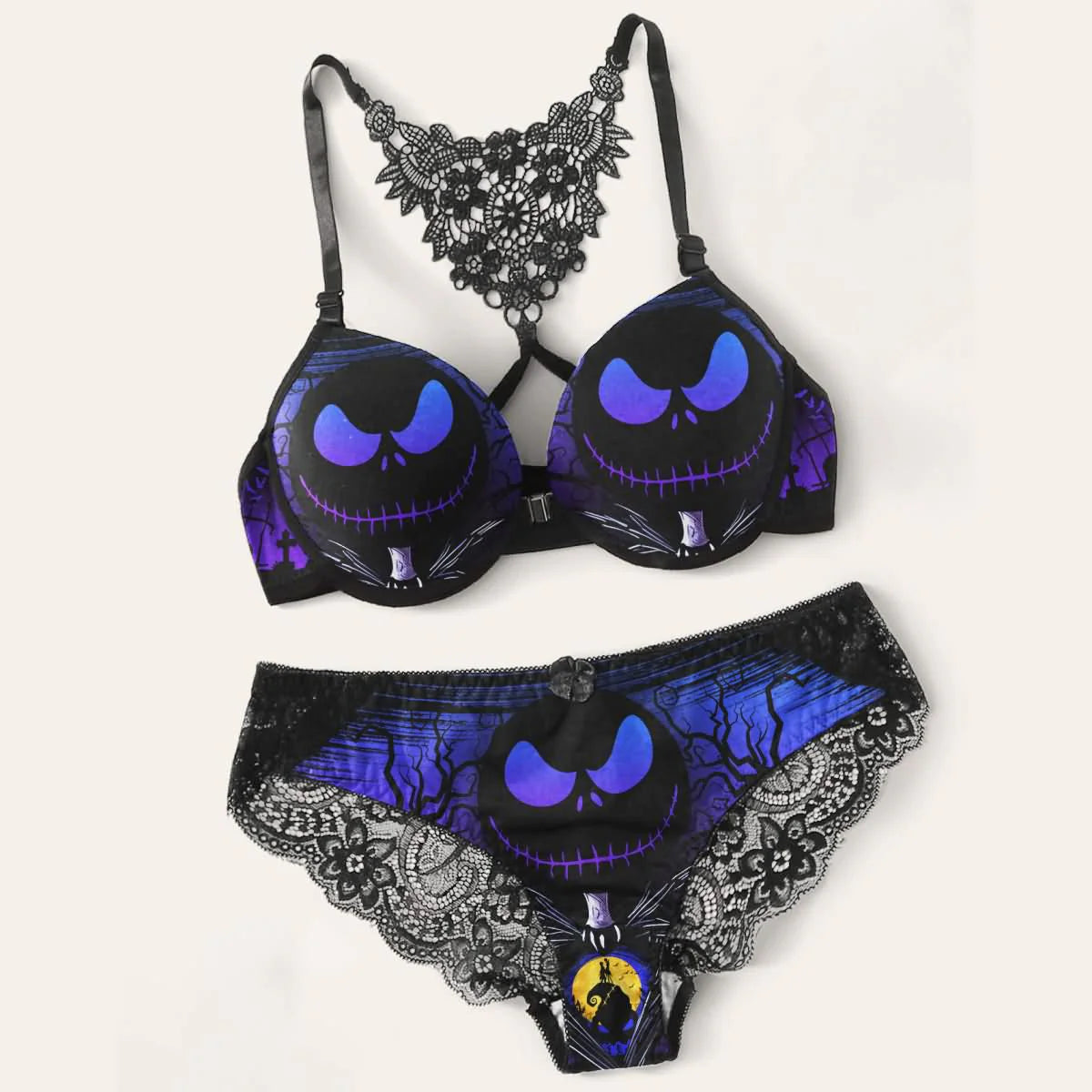 Dark Temptation Push-Up Lingerie, Lace Skull Print 2-Piece Set