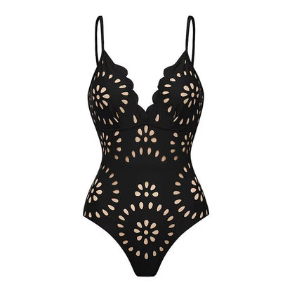 Flaxmaker Women One Piece Swimsuit and Skirt Black Laser Cutting Flower Hollow Swimwear Summer Deep V Neck Bathing Suit 2025