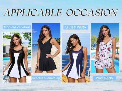 Crossover Tummy Control Swimsuits for Women Ruched Women One Piece Bathing Suit Flower Printing Swimdress Ruffled Skirted Swimwear Blue Tie Dye M