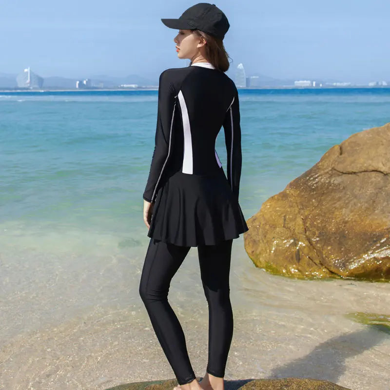 Women'S Long Sleeve One Piece Swimsuit with Skirt - Rash Guard Muslim Swimwear Full Coverage Borkini Swimming Bathing Suit