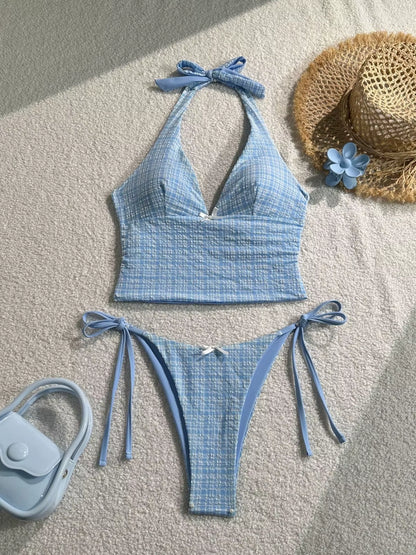 2025 Summer Floral Halter Bikini Women'S Sexy Backless Swimwear with Tie Detail Summer Strappy Two Piece Bathing Suit Holiday