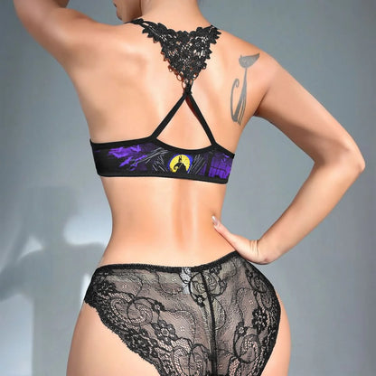 Dark Temptation Push-Up Lingerie, Lace Skull Print 2-Piece Set