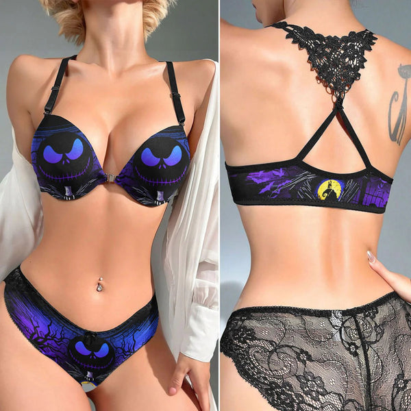 Dark Temptation Push-Up Lingerie, Lace Skull Print 2-Piece Set