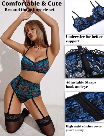 Women Lingerie Set High Waisted Underwire Lingerie with Garter Belt Lace Babydoll