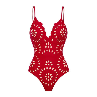 Flaxmaker Women One Piece Swimsuit and Skirt Black Laser Cutting Flower Hollow Swimwear Summer Deep V Neck Bathing Suit 2025