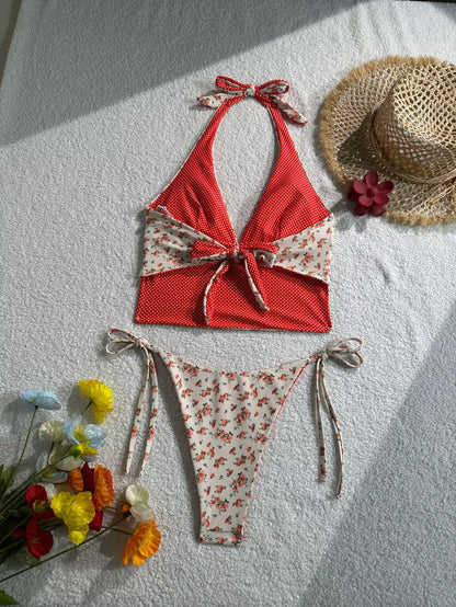 2025 Summer Floral Halter Bikini Women'S Sexy Backless Swimwear with Tie Detail Summer Strappy Two Piece Bathing Suit Holiday