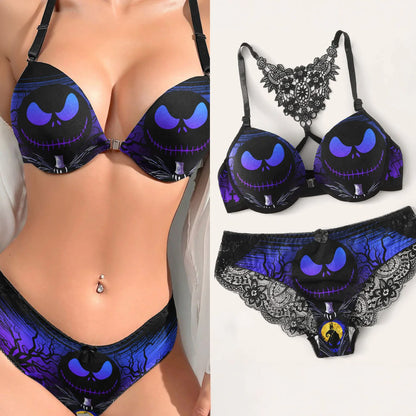 Dark Temptation Push-Up Lingerie, Lace Skull Print 2-Piece Set