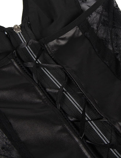 Faux Leather Lingerie plus Size Lace Stitching Zipper Teddy Black Party Clubwear