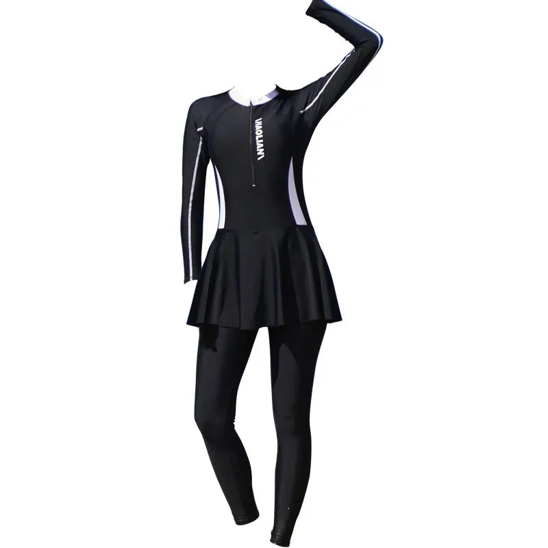 Women'S Long Sleeve One Piece Swimsuit with Skirt - Rash Guard Muslim Swimwear Full Coverage Borkini Swimming Bathing Suit