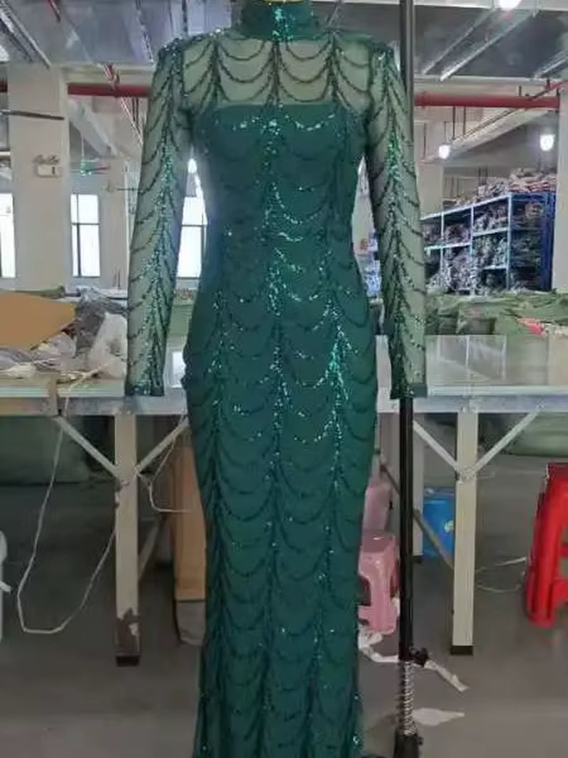 Missord Wave Sequin Party Dresses Elegant Women High Neck Long Sleeves See Though Bodycon Evening Prom Dress with Line Long Gown