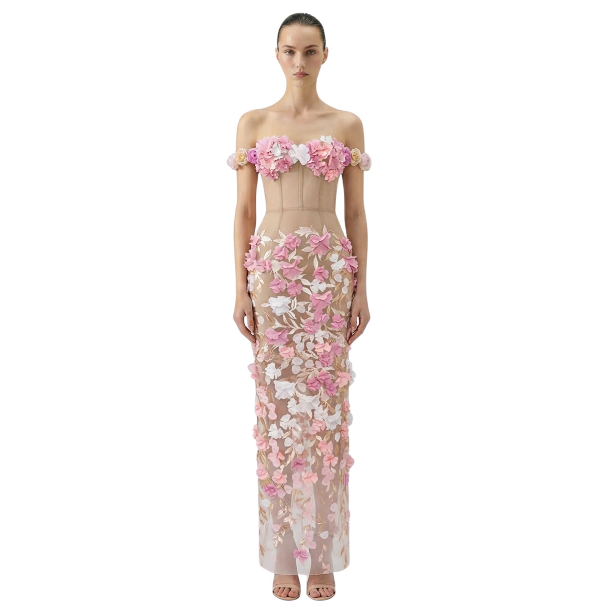 The Bloom Sheer Corset Gown with 3D Floral Appliqué