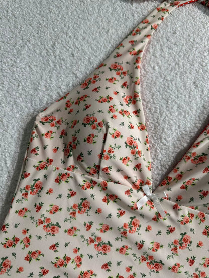 2025 Summer Floral Halter Bikini Women'S Sexy Backless Swimwear with Tie Detail Summer Strappy Two Piece Bathing Suit Holiday