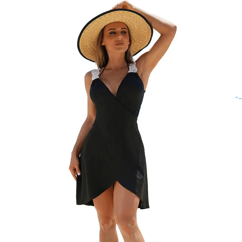 3 Pieces Sexy Women Swimsuit Female Swimwear Black Bikini Solid Bikini Set Bathing Suit Beachwear Cover Ups Long Maxi Dress