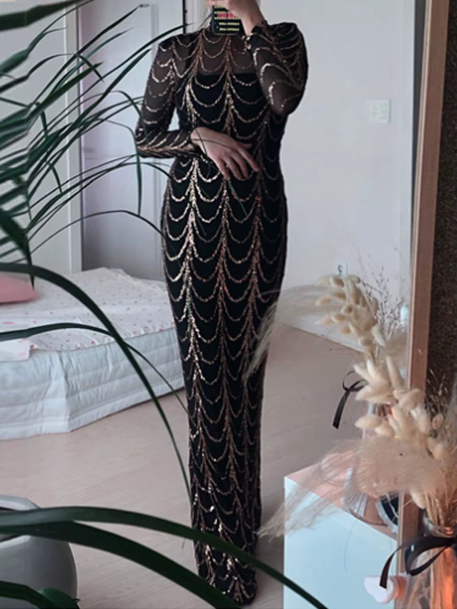 Missord Wave Sequin Party Dresses Elegant Women High Neck Long Sleeves See Though Bodycon Evening Prom Dress with Line Long Gown