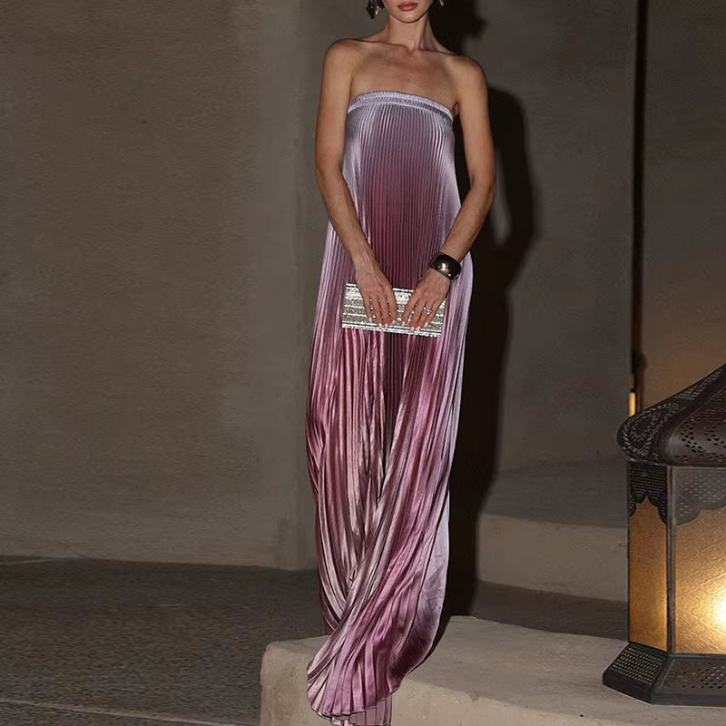 Elegant Sleeveless off Shoulder Gradient Long Dress Women'S Fashion Backless Folds Gala Gowns New Female Irregular Evening Dress
