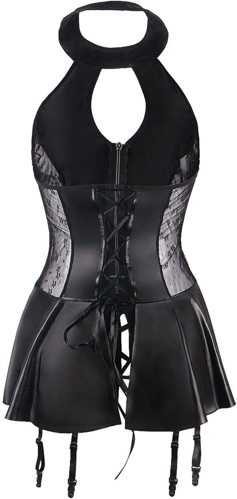 Faux Leather Lingerie plus Size Lace Stitching Zipper Teddy Black Party Clubwear