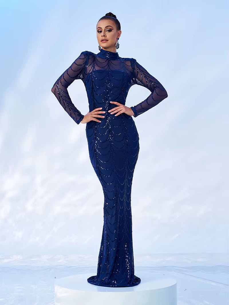 Missord Wave Sequin Party Dresses Elegant Women High Neck Long Sleeves See Though Bodycon Evening Prom Dress with Line Long Gown
