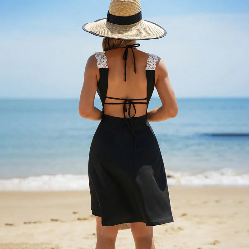 3 Pieces Sexy Women Swimsuit Female Swimwear Black Bikini Solid Bikini Set Bathing Suit Beachwear Cover Ups Long Maxi Dress