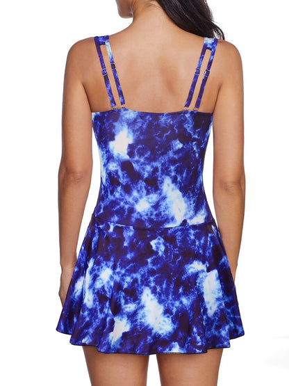 Crossover Tummy Control Swimsuits for Women Ruched Women One Piece Bathing Suit Flower Printing Swimdress Ruffled Skirted Swimwear Blue Tie Dye M