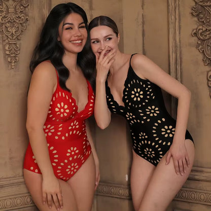 Flaxmaker Women One Piece Swimsuit and Skirt Black Laser Cutting Flower Hollow Swimwear Summer Deep V Neck Bathing Suit 2025
