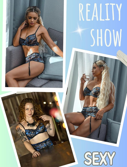 Women Lingerie Set High Waisted Underwire Lingerie with Garter Belt Lace Babydoll